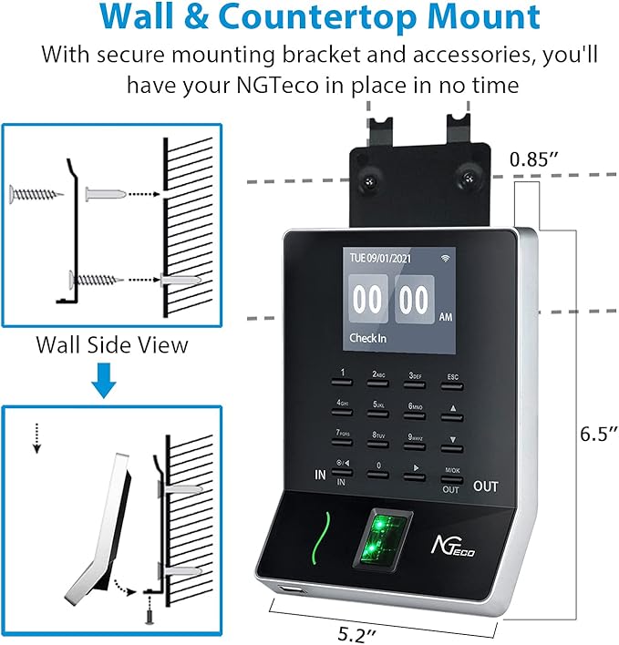 NGTeco APP Time Clock, Fingerprint & PIN Times Clock for Small Business, Biometric Clocks in Machine for Employees with iOS/Android App, No Monthly Fee, 2.4GHz WiFi, Black