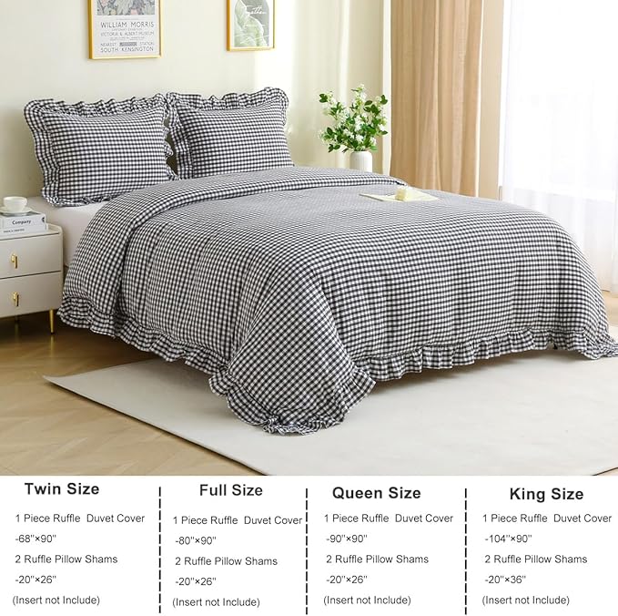 Silnuo Black/White Checkered Ruffle 3-Piece Duvet Cover Set Full Size, Washed - Image 3