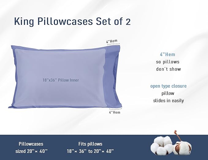 Pillow Cases, King Size Cotton Percale Weave Pillowcases, Pre-Shrunk Breathable - Image 3