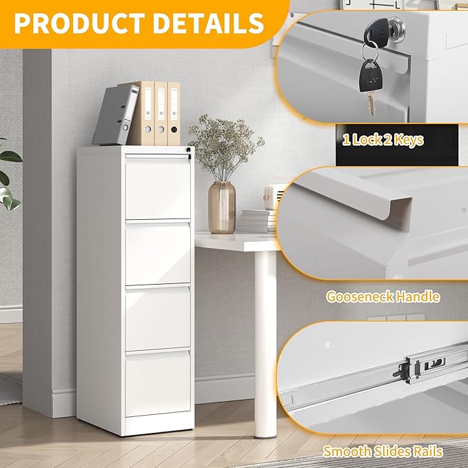 Reegangfa 4 Drawer File Cabinet with Lock, 18" D Metal Vertical Filing Cabinets, Steel File Storage Cabinets for Home Office, Hanging A4 Legal/Letter Size Narrow File Cabinet, Assembly Required
