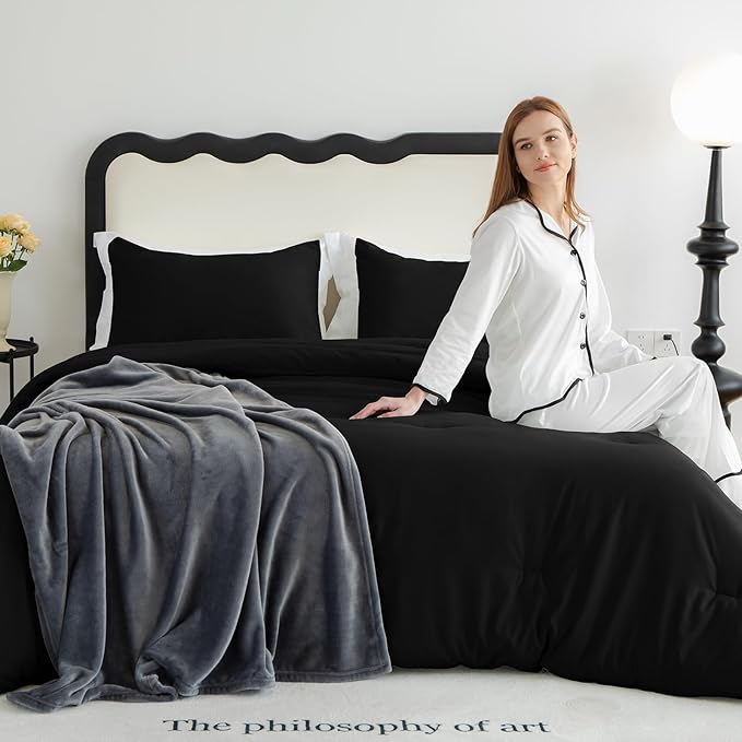CozyLux California King Comforter Set Black, 3 Pieces Cal King Solid Breathable - Image 9