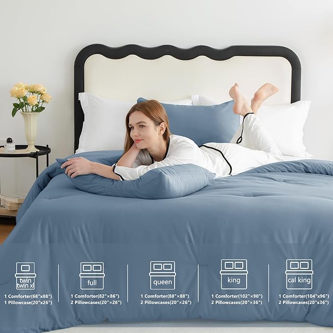 CozyLux Queen Comforter Set Grayish Blue, 3 Pieces Solid Comforters Queen Size - Image 6