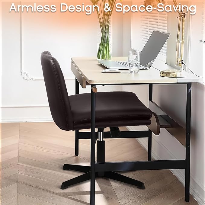 PUKAMI Criss Cross Legged Office Chair,Armless Office Desk Chair No Wheels,PU Leather Modern Swivel Vanity Chair,Height Adjustable Wide Seat Mid Back Computer Task Chair for Home Office, Brown