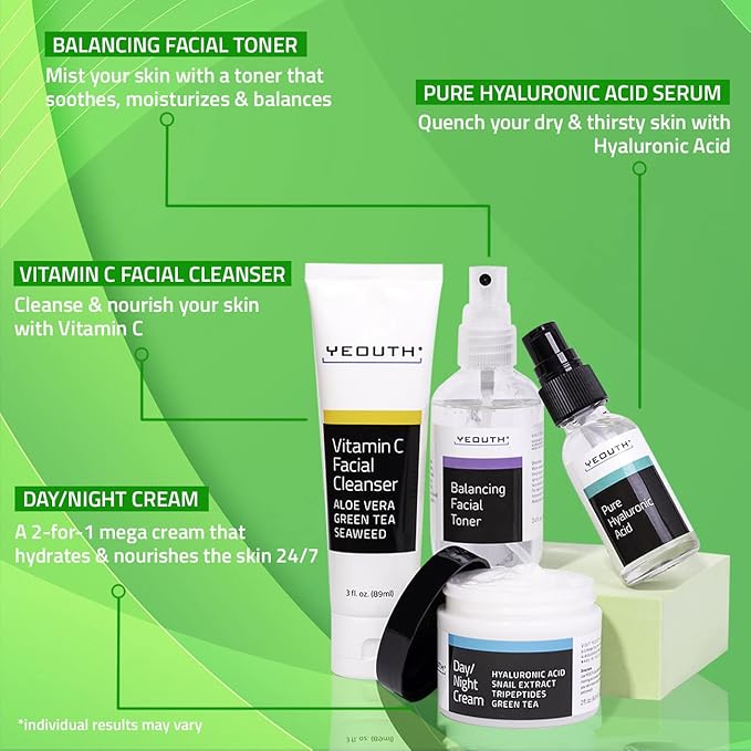 YEOUTH Skin Care Set: Hyaluronic Acid Serum, Vitamin C Cleanser, Toner & Face - Image 4