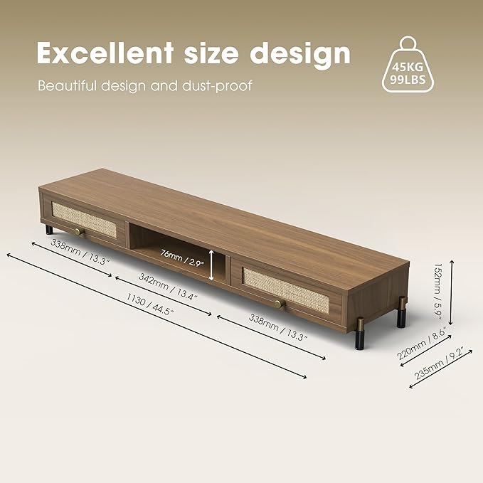 Fenge Dual Monitor Stand for Desk - Long Wooden Riser With Rattan Woven Drawer, 2 Tier Desk Shelf for 2 Monitors, Vintage Computer Stand for Laptop, Printer, TV