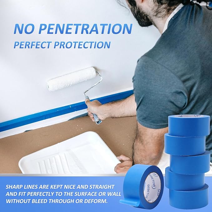 SEBETOW Blue Painters Tape 2 Inch Bulk - Blue Tape for Painting Automotive Walls Packing Removable NO Residue, Paint for Indoors & Outdoors, 2 Inches x 55 Yards x 5 Rolls