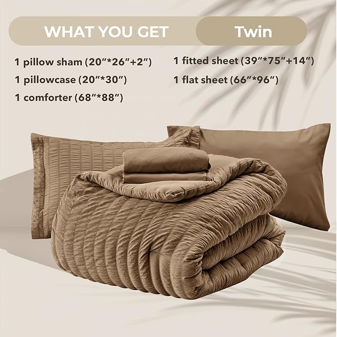 HYMOKEGE Brown Twin Comforter Set Seersucker 5 Pieces, All Season Luxury Bed in - Image 5