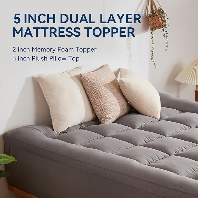 BDEUS Dual Layer 5 Inch Memory Foam Mattress Topper Queen Size, 2 Inch Gel - Image 2
