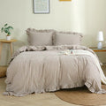 Silnuo Taupe/White Plaid Ruffle Duvet Cover King Size, 100% Washed Cotton 3 Pcs by Silnuo