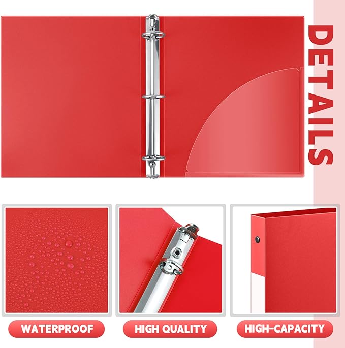 Henoyso 16 Pcs 3 Ring Binder 0.5 Inch Round Fits Letter Size 8.5'' x 11'' Paper Plastic Flexible Binder Bulk Holds 140 Sheets with 1 Pockets Versatile Organizer for Home Office School (Red)