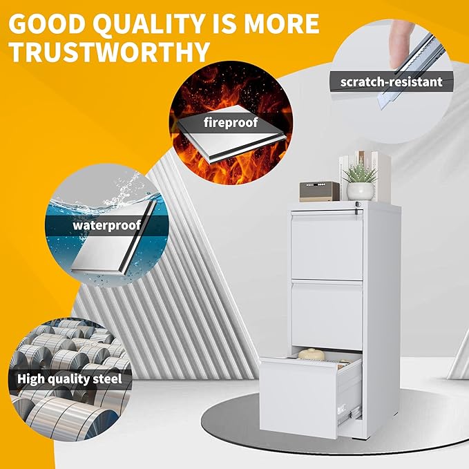 Reegangfa 3 Drawer File Cabinet with Lock, 18" D Metal Vertical Filing Cabinets, Steel File Storage Cabinets for Home Office, Hanging A4 Legal/Letter Size Narrow File Cabinet, Assembly Required