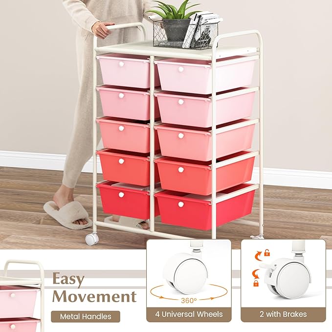GOFLAME 10-Drawer Rolling Storage Cart, Art Craft Storage Organizer on Wheels, Multipurpose Movable Utility Cart for School, Office and Home, Pink