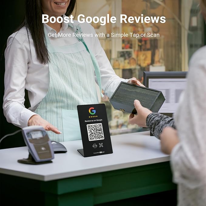 HotLabel – Google Review Stand 1-Pack – Bonus Google Review Tap Card 1-Pack – Black – NFC Tap & QR Code – Supports 2 Different Stores or Same - All Phones Compatible – No App/Subscription