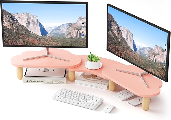 AFOOYO Dual Monitor Stand Riser, Adjustable Rainbow Cloud Desktop Organizer for 2 Monitors, Flexible Length & Angle Computer Stand for Laptop, PC, Printer, Home Office Use - Pink