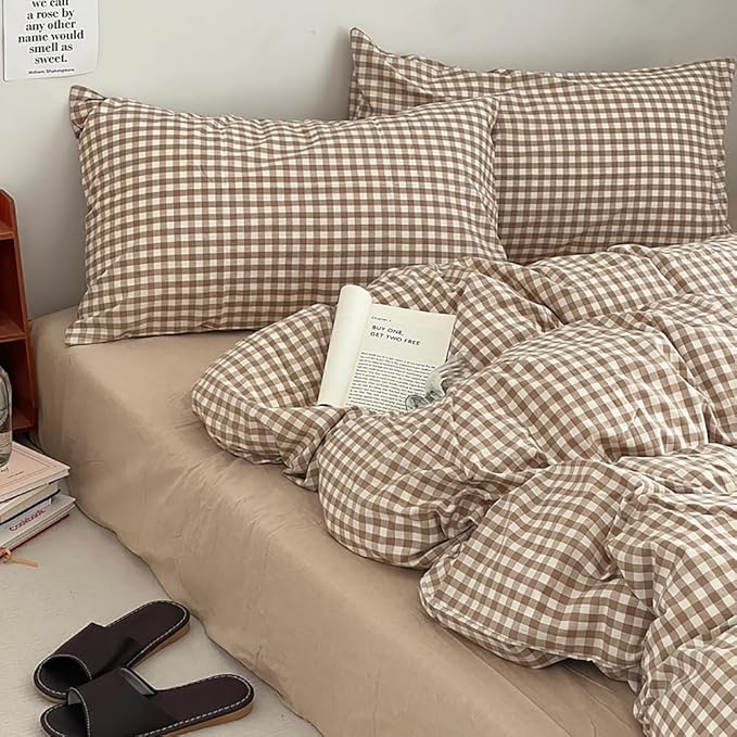 Nayoroom Brown Gingham Duvet Cover Queen Size Tan White Plaid Checkered Duvet - Image 6