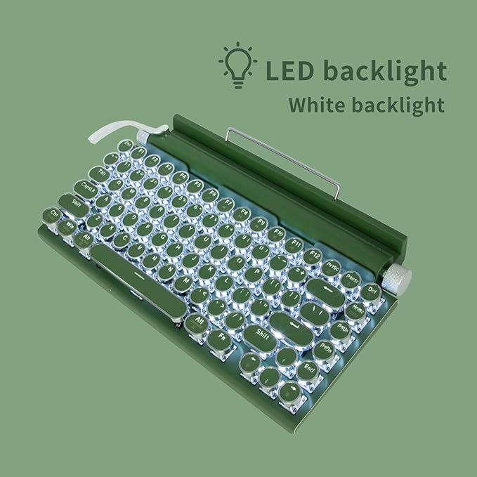 Adventurers Retro Typewriter-Style Mechanical Keyboard, 83 Keys, 75% Compact Layout, Bluetooth 5.0 and Wired, Hot-Swappable Blue Switch, White Backlit for Windows/Mac/iPad/PC/Laptop (Dark Green)