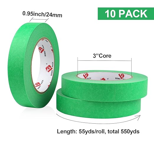 BOMEI PACK Painters Tape 1 Inch - Green Paint Tape 10 Rolls x 1 Inch x 55 Yards - Painter's Tape Green Masking Tape for Walls Painting, DIY Crafting, and School Projects, Total 550 Yards