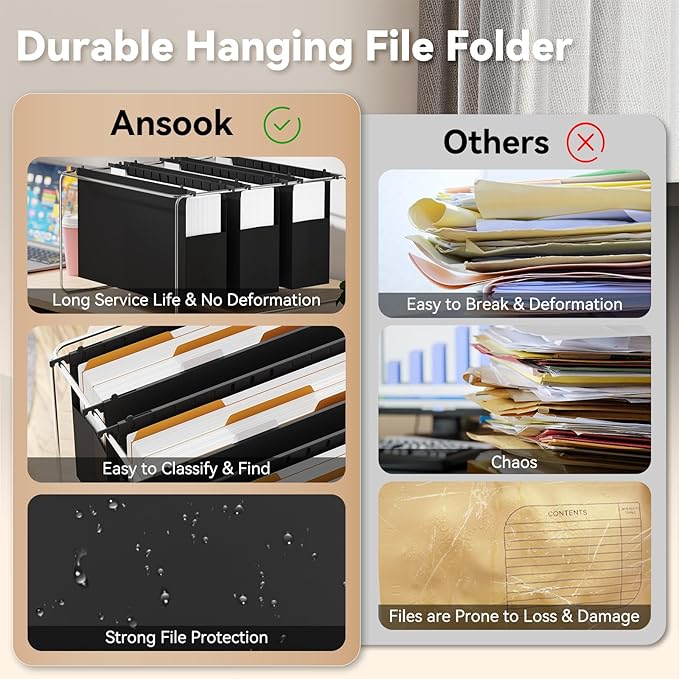 Ansook Hanging File Folders Legal Size,Heavy Duty 3" Expansion File Folder Hanging with 1/5 Tabs,6 Pack Extra Capacity File Cabinet Folders,Hanging File Organizer for File Frame & File Storage Box