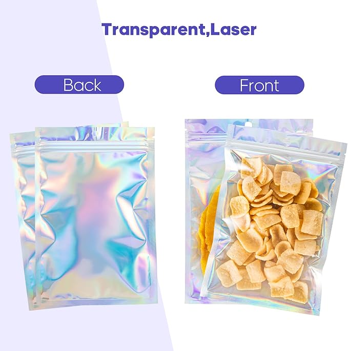 100pcs Holographic Bags,5.5x7.8 inch Resealable Zipper bags for small business, Smell Proof Foil Bags for food storage, Candy, Eyebrow pencil, Small accessories..MOTOMY