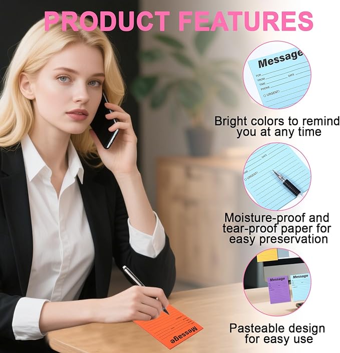 9 Pcs Colorful Phone Message Pad, 5.1×3.9 Inch Message Sticky Notes, Self-Adhesive Sticky Notes, Fluorescent Color Telephone Note for Office School Home, 50 Sheets/Pack (9 Colors)