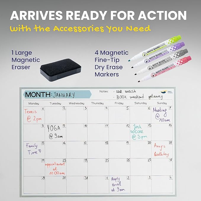 Monthly Magnetic Calendar for Refrigerator - 17x12” Stain-Resistant Dry Erase Fridge Calendar Whiteboard with Large Writing Space for Schedules, Chores & Meals - With 4 Markers & Eraser - Monday Start
