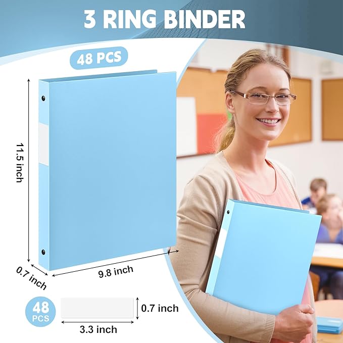 Henoyso 48 Pcs 3 Ring Binder 0.5 Inch Round Fits Letter Size 8.5'' x 11'' Paper Plastic Flexible Binder Bulk Holds 140 Sheets with 1 Pockets Versatile Organizer for Home Office School (Light Blue)