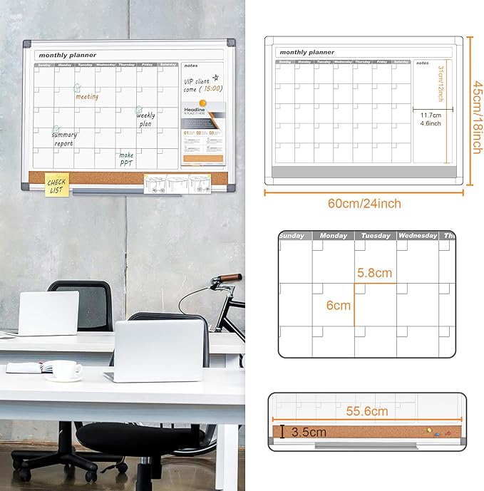MAKELLO Dry Erase Calendar for Wall 24" x 18", Whiteboard Calendard with Cork Board for Office, Home, School, Family, Kitchen and Bedroom