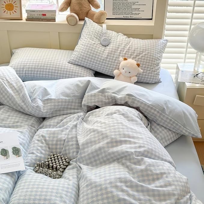 Nayoroom Gingham Duvet Cover King Size Reversible Blue Plaid Checkered Duvet - Image 2