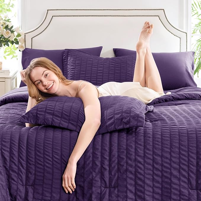 CozyLux King Size Comforter Set Purple Seersucker 7 Pieces Bed in a Bag King - Image 3