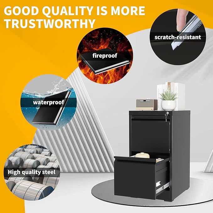 Reegangfa 2 Drawer File Cabinet with Lock, 18" D Metal Vertical Filing Cabinets, Steel File Storage Cabinets for Home Office, Hanging A4 Legal/Letter Size Narrow File Cabinet, Assembly Required