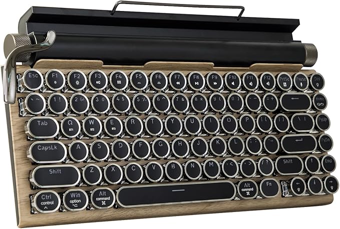 Adventurers Typewriter-Style Retro Mechanical Keyboard LED Backlight 83 Keys Bluetooth 5.0 Blue Axis Wood Color Panel Compatible with iOS/Android/Windows/Vista/Linux/Mac Office/Gaming, 12.8x6.6x1.6in