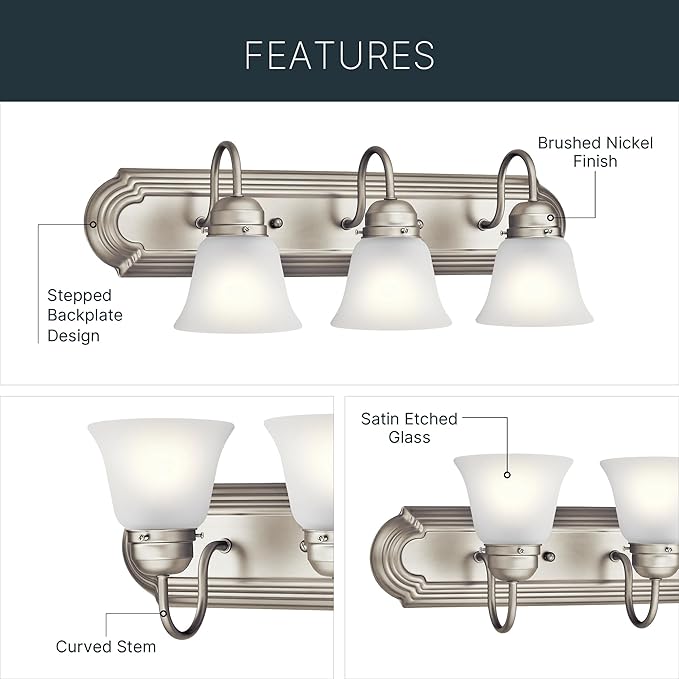 Kichler 24" 3-Light Vanity Bath Light in Brushed Nickel, Modern Bathroom Light - Image 5