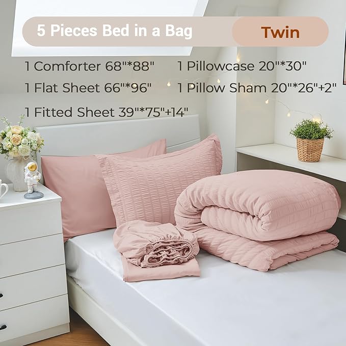 MUXHOMO 5 Pieces Twin Comforter Set, Seersucker Bed in a Bag Twin Size - Image 4