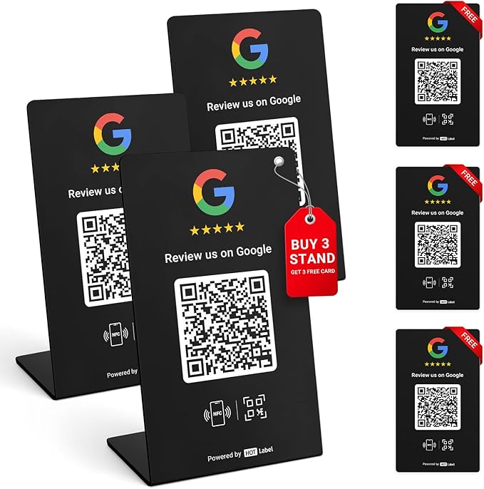 HotLabel – Google Review Stand 3-Pack + Bonus Google Review Tap Card 3-Pack – Black – NFC Tap & QR Code – Supports 6 Different Stores or Same – All Phones Compatible – No App/Subscription