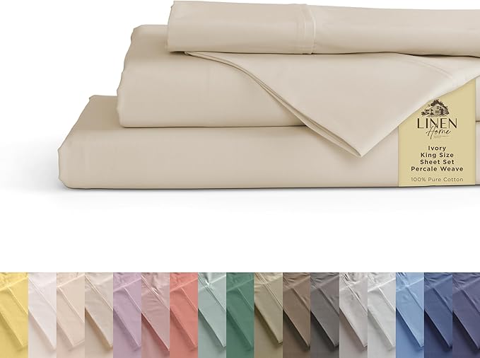 Linen Home 100% Cotton Percale Sheets King Size, Deep Pocket, 4 Pieces Set by LINENHOME