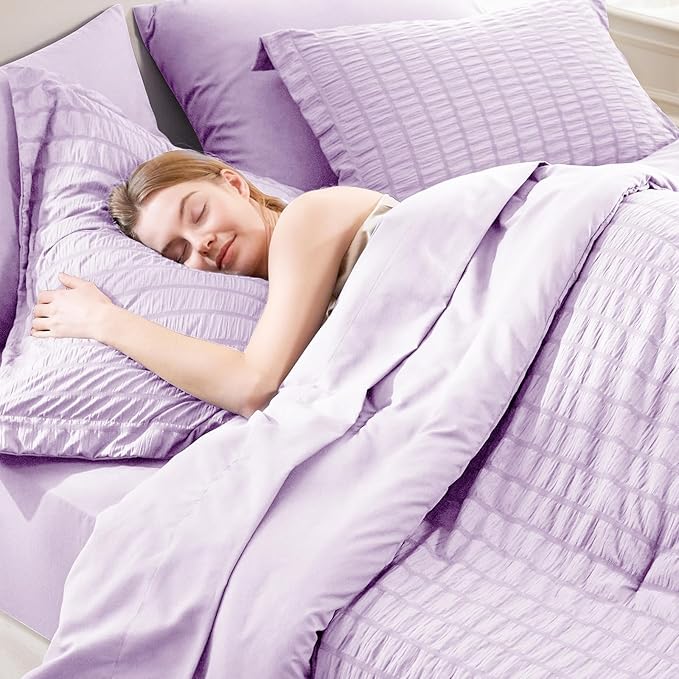 CozyLux Queen Comforter Set Light Purple Seersucker 7 Pieces Bed in a Bag Queen - Image 9