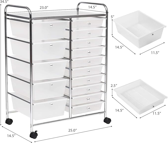 GOFLAME 15-Drawer Rolling Storage Cart, Craft Storage Cart with Removable Drawers & Lockable Wheels, Art Cart Supply Storage Organizer for Home Office Classroom, Clear