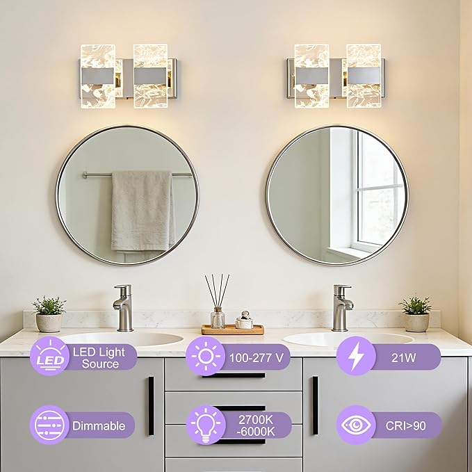 Modern LED Bathroom Light Fixtures Dimmable 2-Light Chrome Vanity Light - Image 2