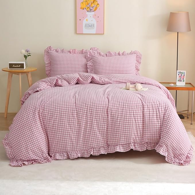 Silnuo Vintage Pink/White Plaid Ruffle 3-Piece Duvet Cover Set King Size by Silnuo