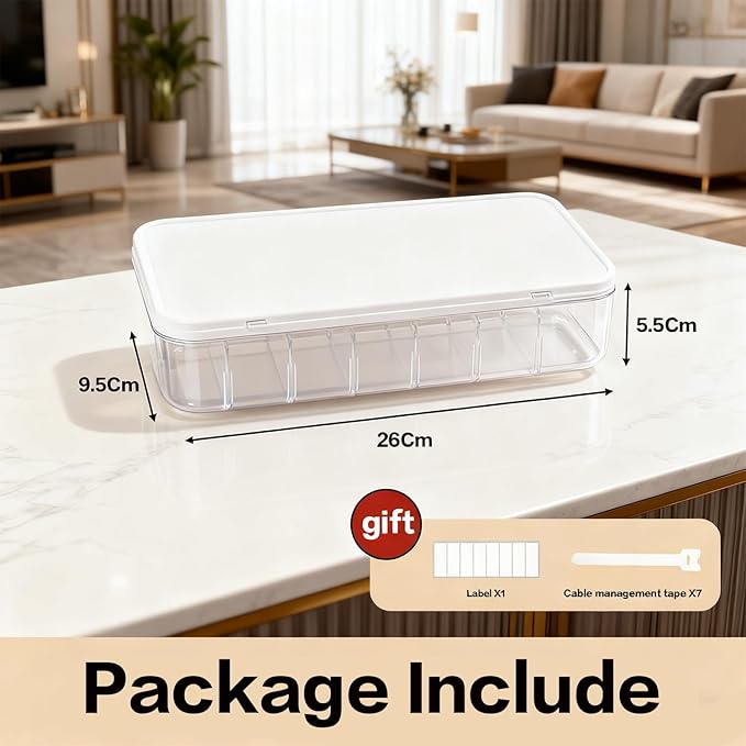 Cord Organizer Box with Lid, 7 Compartment Cable Management with 7 Wire Ties, Dustproof Cable Storage Box for Office & Home, Wire Hider for Computer Desk, Charger Cables, Power Cords (1pack)