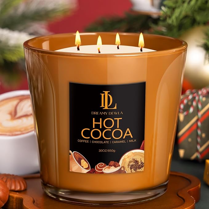 Large Candle Hot Cocoa Scented, 4 Wick Natural Soy Candles by DLDREAMYDEWLA