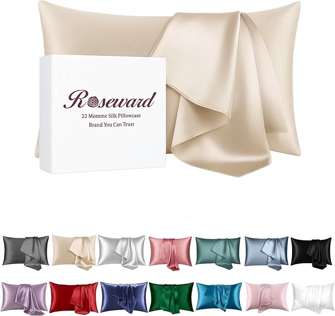 Beige Silk Pillow Cases Queen, 100% Mulberry Silk Pillowcase by ROSEWARD