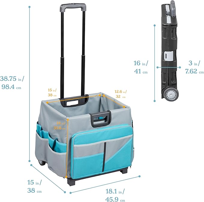 ECR4Kids Universal Rolling Cart with Canvas Organizer Bag, Mobile Storage, Turquoise/Grey
