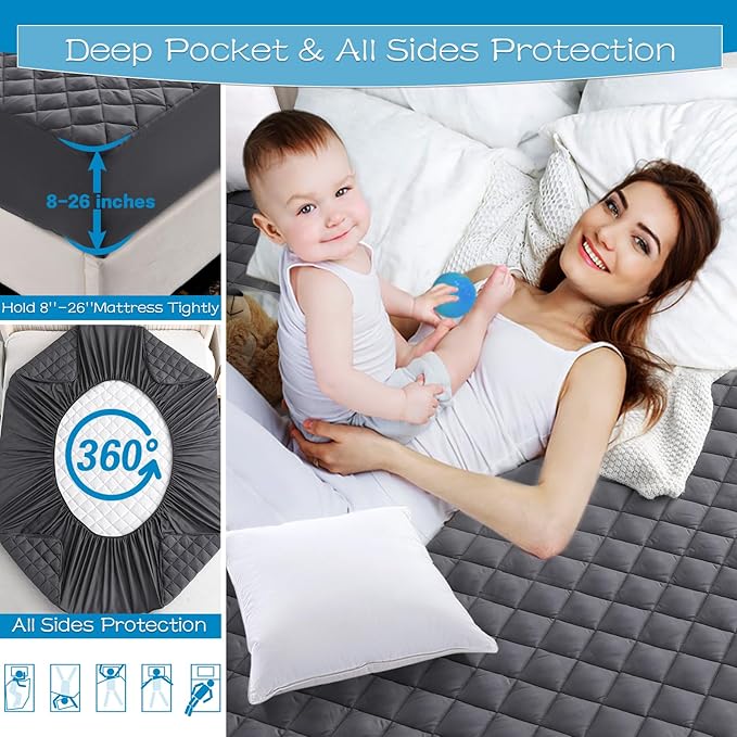 GRT Queen Size Grey Quilted Fitted Mattress Pad, 100% Waterproof Breathable - Image 4