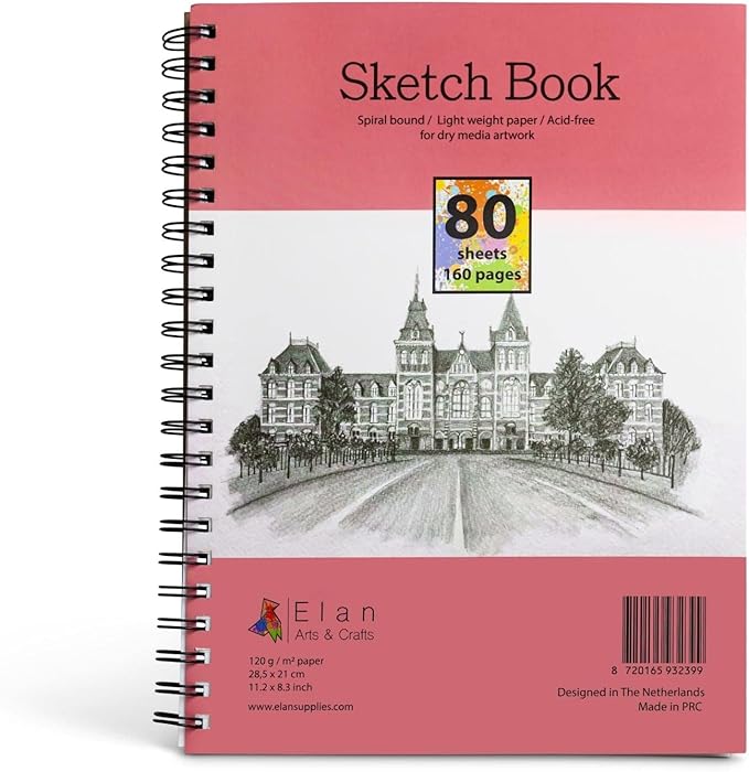 Elan A4 Sketchbook, 80 Sheets Italian Paper 80 lb/120 GSM, Acid-Free Sketch Book 11.7x8.3 Inch, White Drawing Paper Pad, Spiral Bound Sketchbook A4