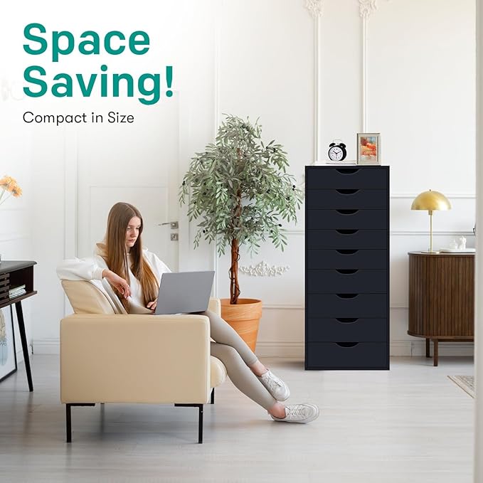 Naomi Home Bianca 9-Drawer Craft & Office Storage Cabinet, Black – Ultimate Rolling Organizer for Arts & Files, Ample Space in Compact Form, 15.7" D x 18.9" W x 39.3" H