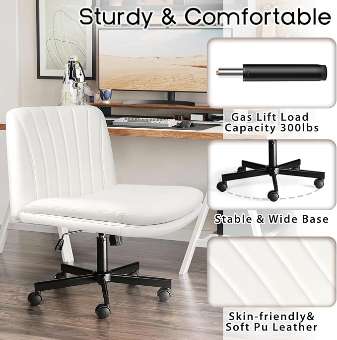 PUKAMI Criss Cross Chair with Wheels,Armless Cross Legged Office Desk Chair,PU Leather Modern Swivel Height Adjustable Wide Seat Computer Task Vanity Chair for Home Office(White)