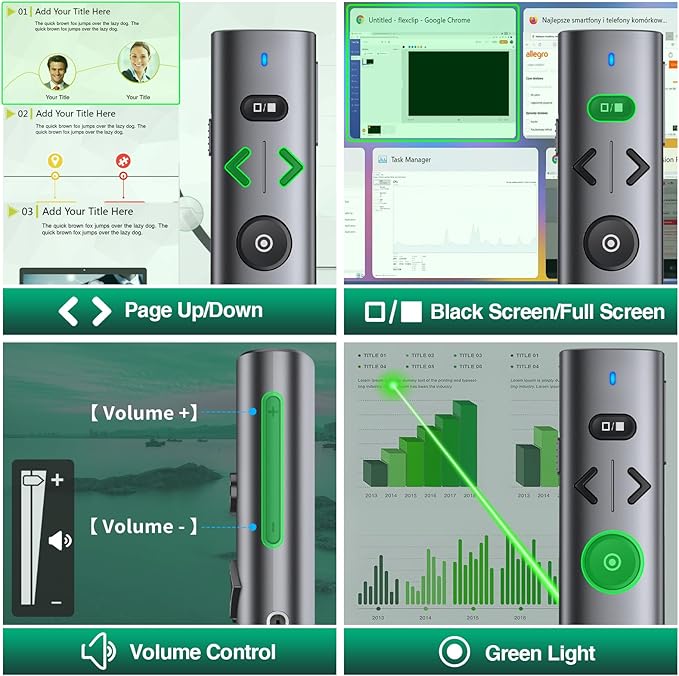 Wireless Presentation Clicker with Green Light Pointer, Clicker for Powerpoint Presentations with Volume Control, Rechargeable Long Range Presenter for Google Slide Keynote PC