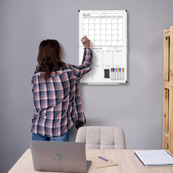 Lincia 24" x 16" Magnetic Vertical Monthly and Weekly Dry Erase Calendar for Wall Undated Horizontal Dry Erase Calendar Planner Aluminum Frame Whiteboard for Home Office Projects Wall Fridge