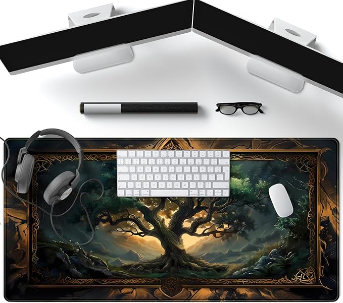 Mystical Green Tree Large Gaming Mouse Pad Forest Tree of Life Deskpad Mat XXL Extended Gaming Desk Large Mousepad Computer Laptop Keyboard and Mouse Mat, Office Desk Decor Pad 31.5x15.8 in